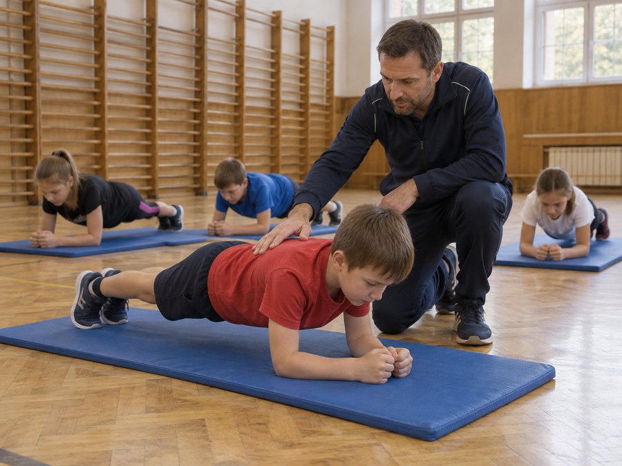 Učitel opravuje žákovi polohu při cvičení na žíněnce